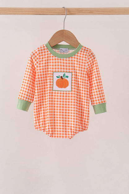Orange Pumpkin Embroidery Gingham Bubble