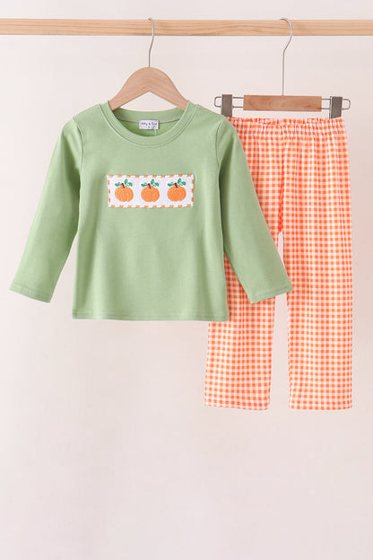 Sage Pumpkin Embroidery Gingham Pants Set