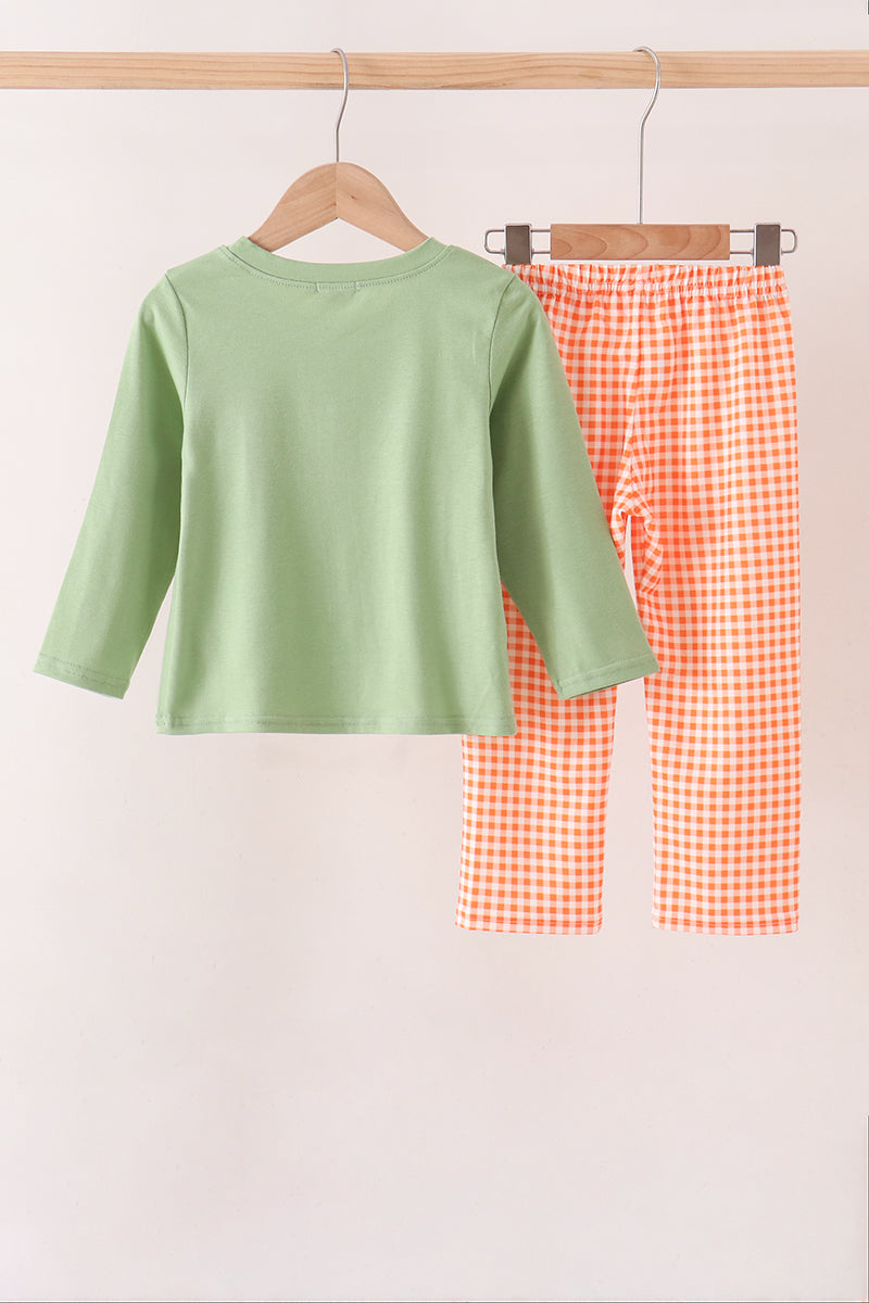 Sage Pumpkin Embroidery Gingham Pants Set