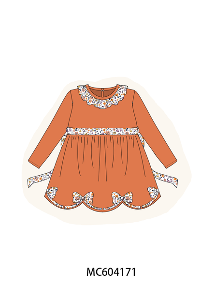 Orange Floral Bow Ruffle Dress