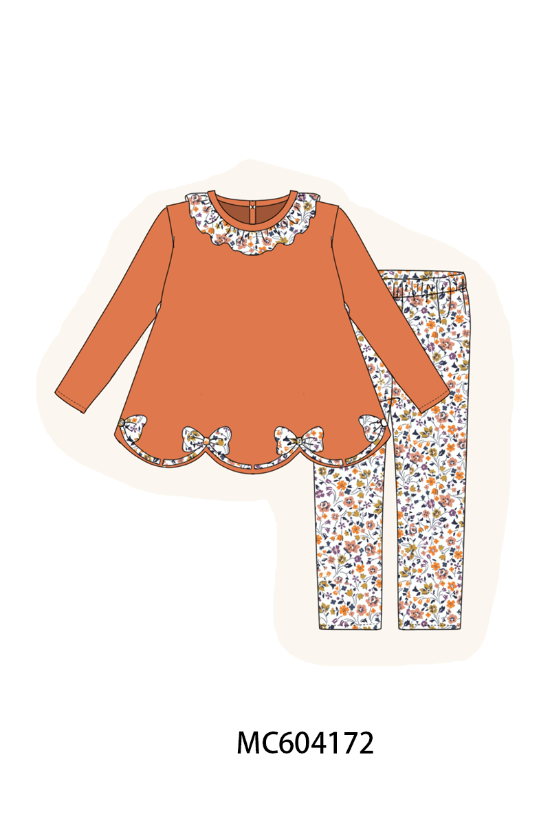 Orange Floral Bow Ruffle Pants Set