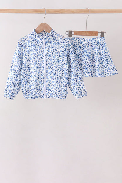 Blue Floral Print Skorts Set
