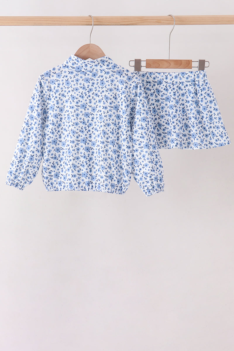 Blue Floral Print Skorts Set