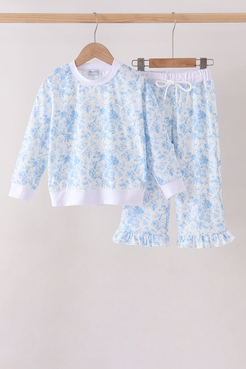 Blue Floral Print Mom & Me Pants Set