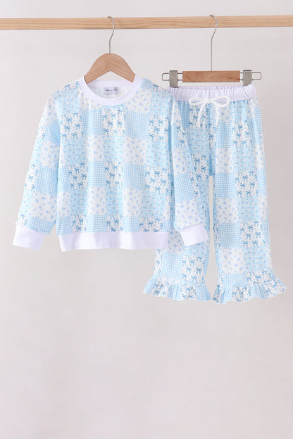 Blue Floral Bow Checkered Mom & Me Pants Set