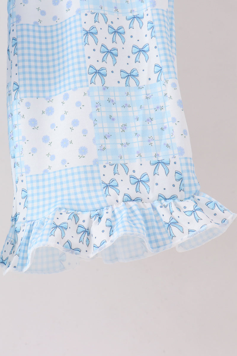 Blue Floral Bow Checkered Mom & Me Pants Set