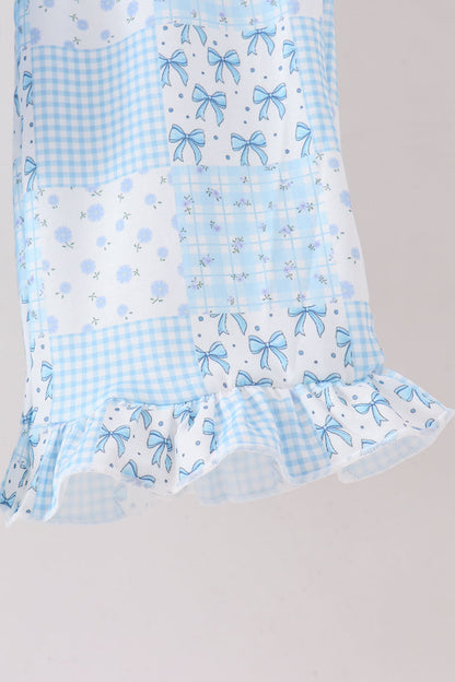 Blue Floral Bow Checkered Mom & Me Pants Set
