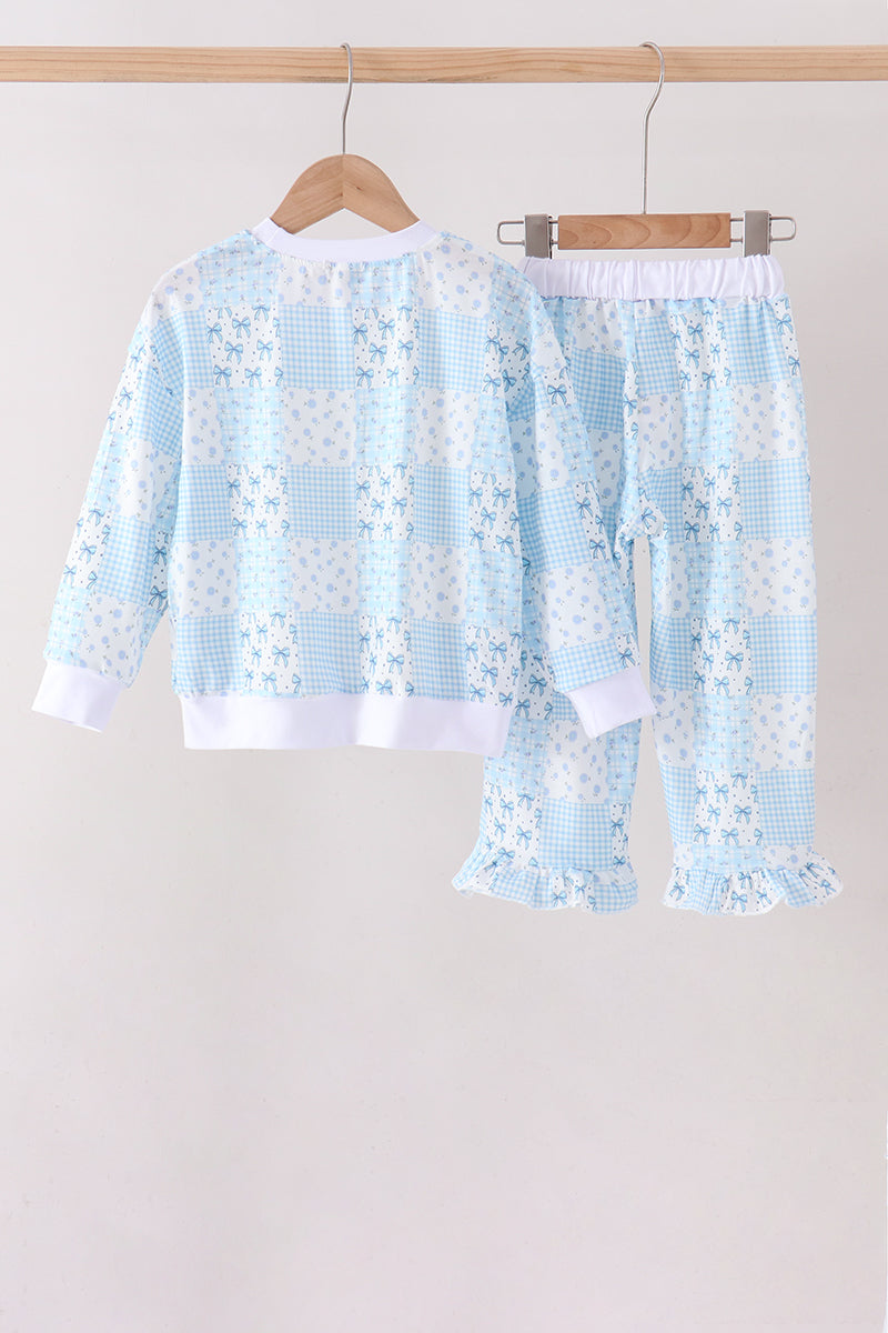 Blue Floral Bow Checkered Mom & Me Pants Set