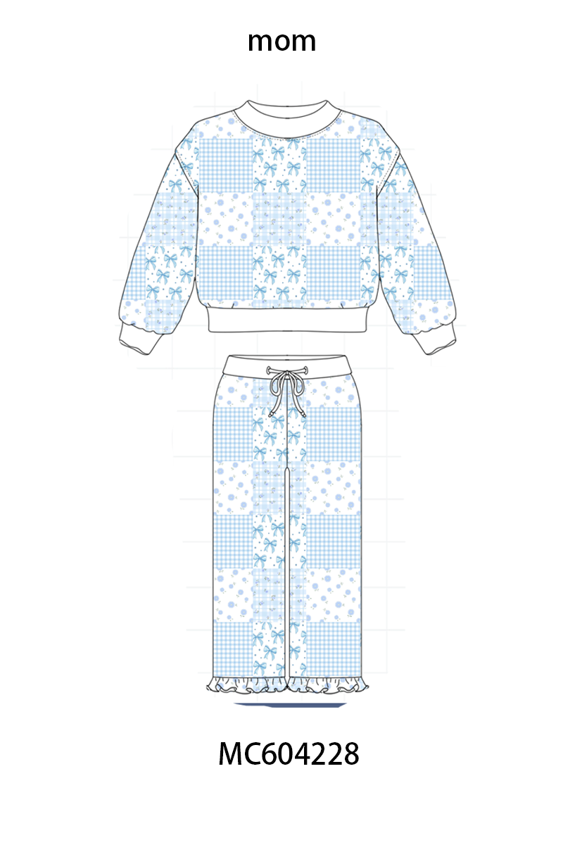 Blue Floral Bow Checkered Mom & Me Pants Set