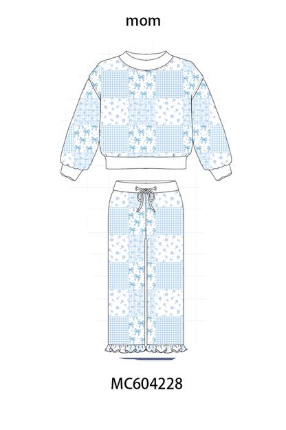 Blue Floral Bow Checkered Mom & Me Pants Set