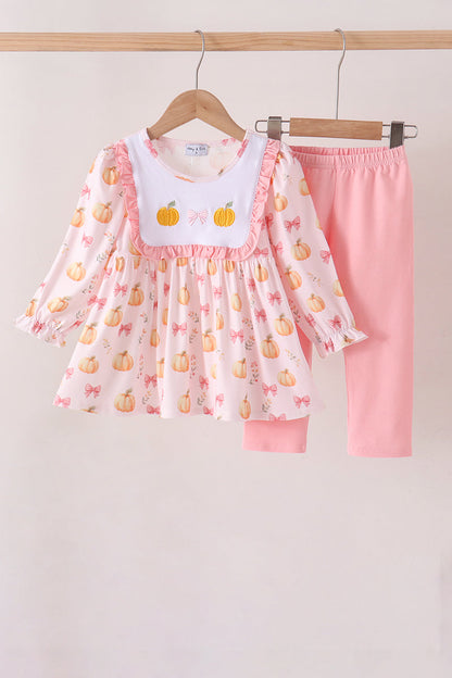 Pink Pumpkin Bow Embroidery Ruffle Pants Set