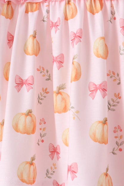 Pink Pumpkin Bow Embroidery Ruffle Pants Set