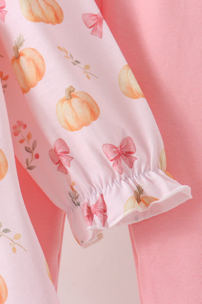 Pink Pumpkin Bow Embroidery Ruffle Pants Set