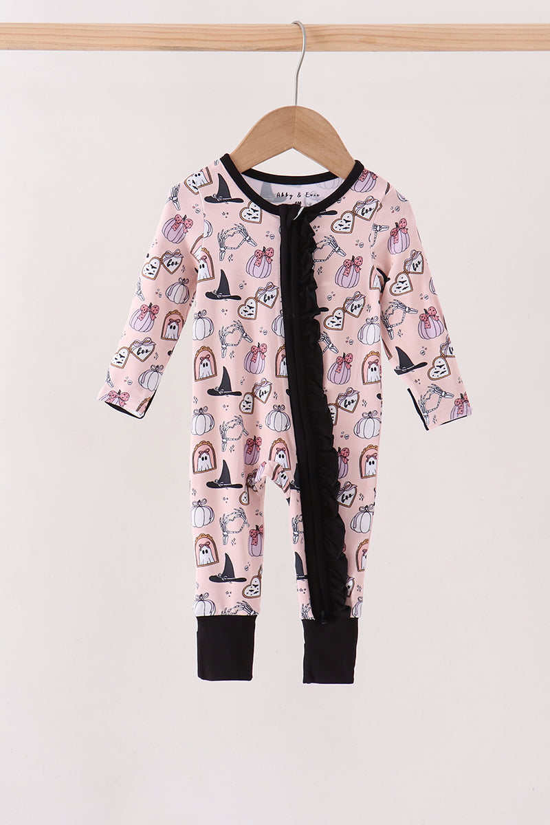 Pink Spooky Embroidery Bamboo Ruffle Romper