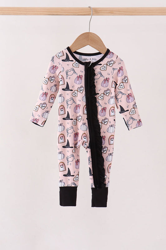 Pink Spooky Embroidery Bamboo Ruffle Romper