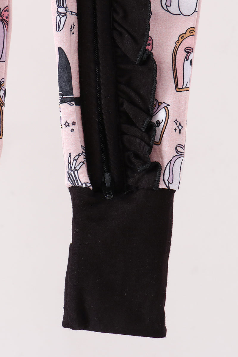 Pink Spooky Embroidery Bamboo Ruffle Romper