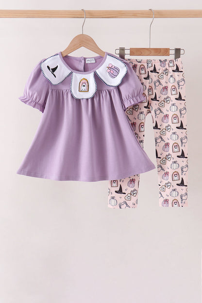 Purple Spooky Embroidery Pants Set