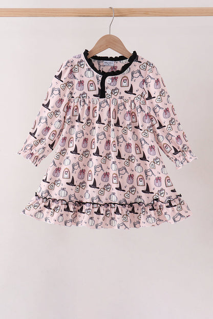 Pink Spooky Print Ruffle Dress