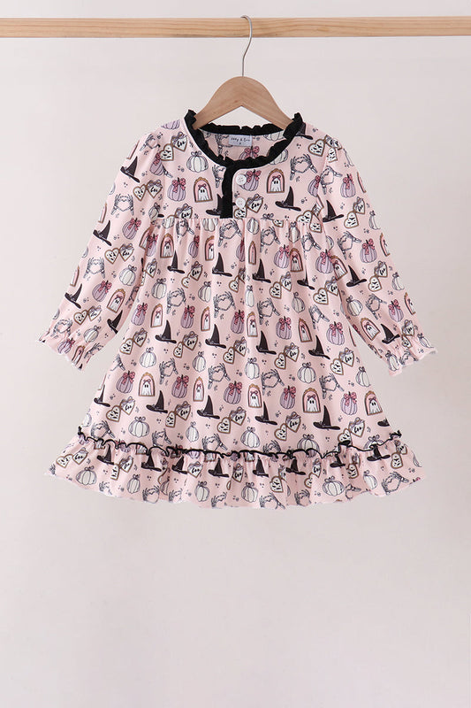 Pink Spooky Print Ruffle Dress