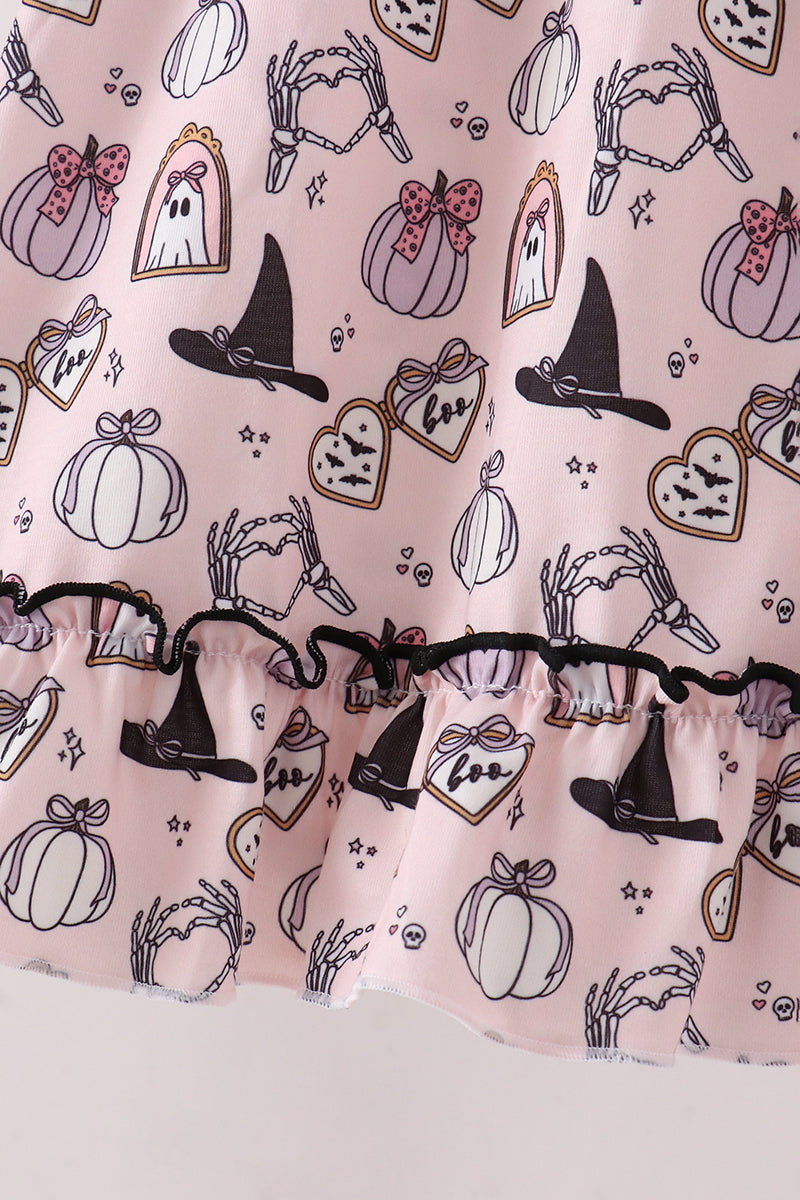 Pink Spooky Print Ruffle Dress