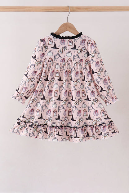 Pink Spooky Print Ruffle Dress