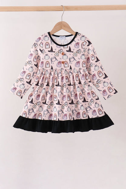 Pink Spooky Print Ruffle Dress