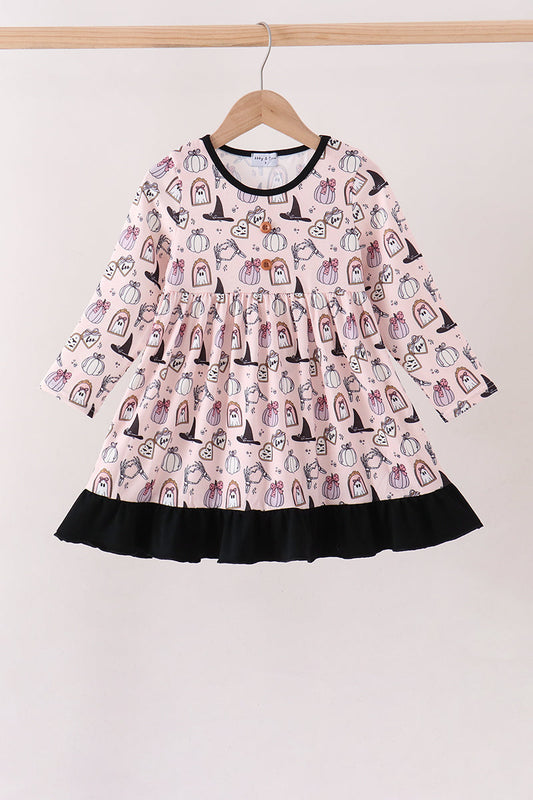 Pink Spooky Print Ruffle Dress