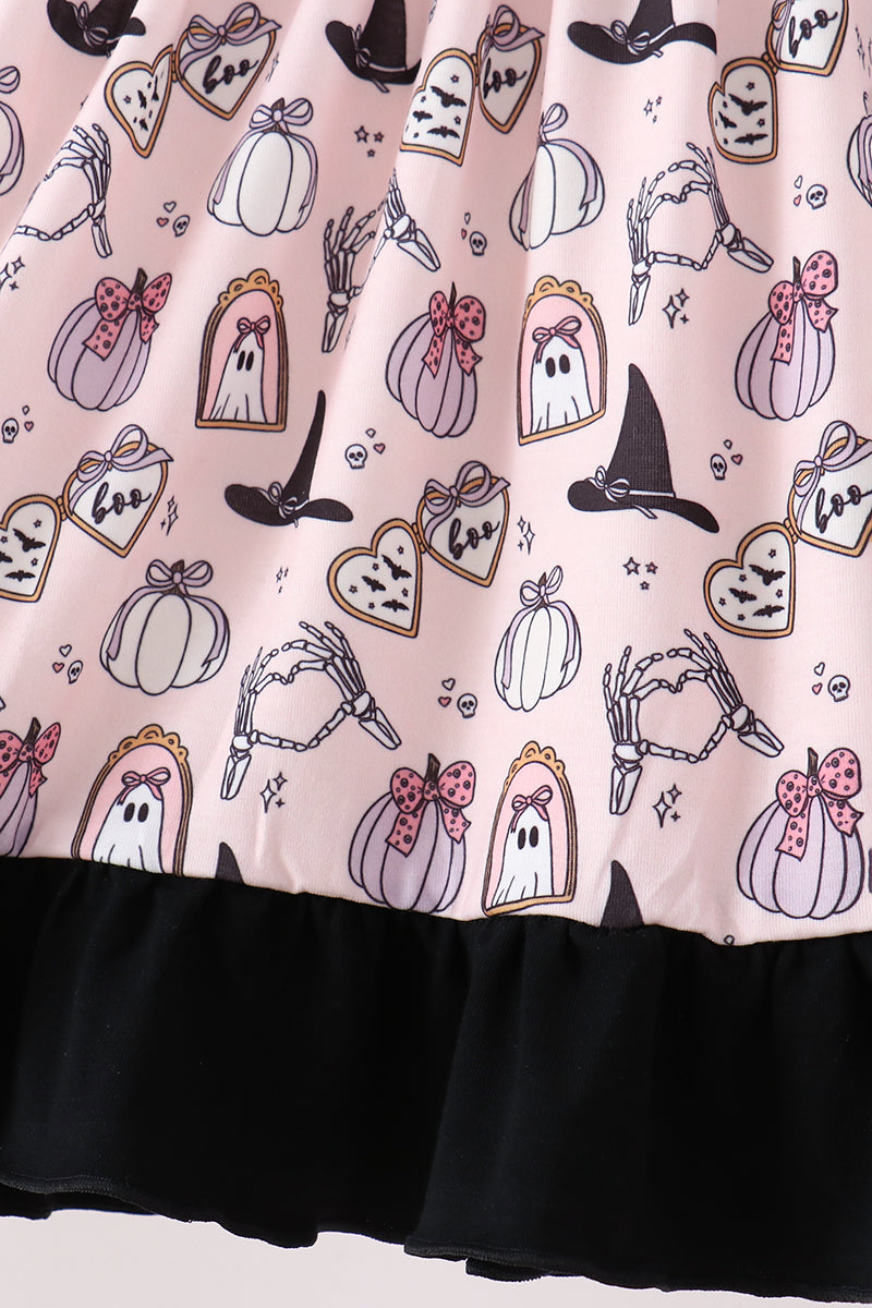Pink Spooky Print Ruffle Dress