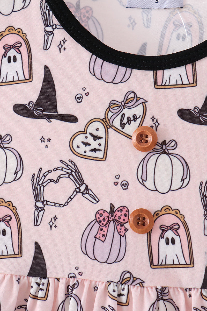 Pink Spooky Print Ruffle Dress