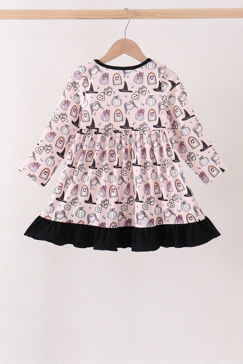 Pink Spooky Print Ruffle Dress