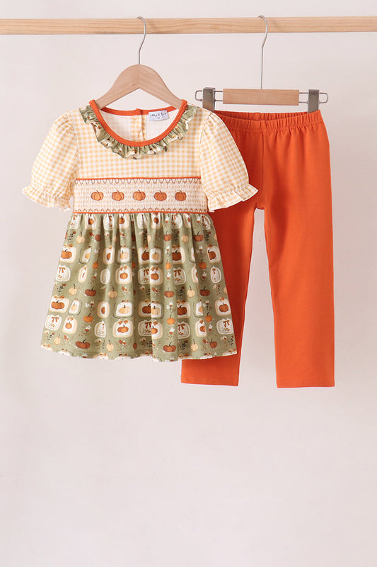 Vintage Pumpkin Smocked Ruffle Pants Set
