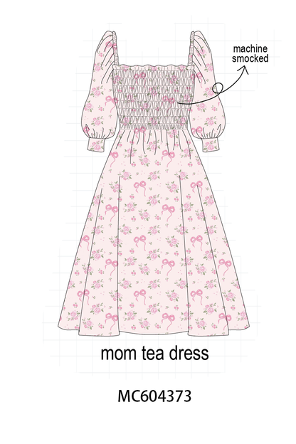 Pink Floral Bow Smocked Mom Dress