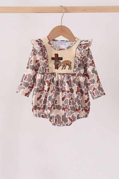 Khaki Camouflage Cross Deer Embroidery Ruffle Bubble