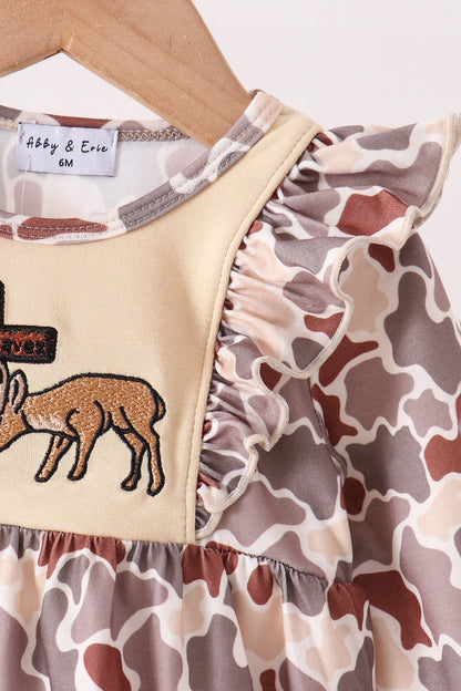 Khaki Camouflage Cross Deer Embroidery Ruffle Bubble