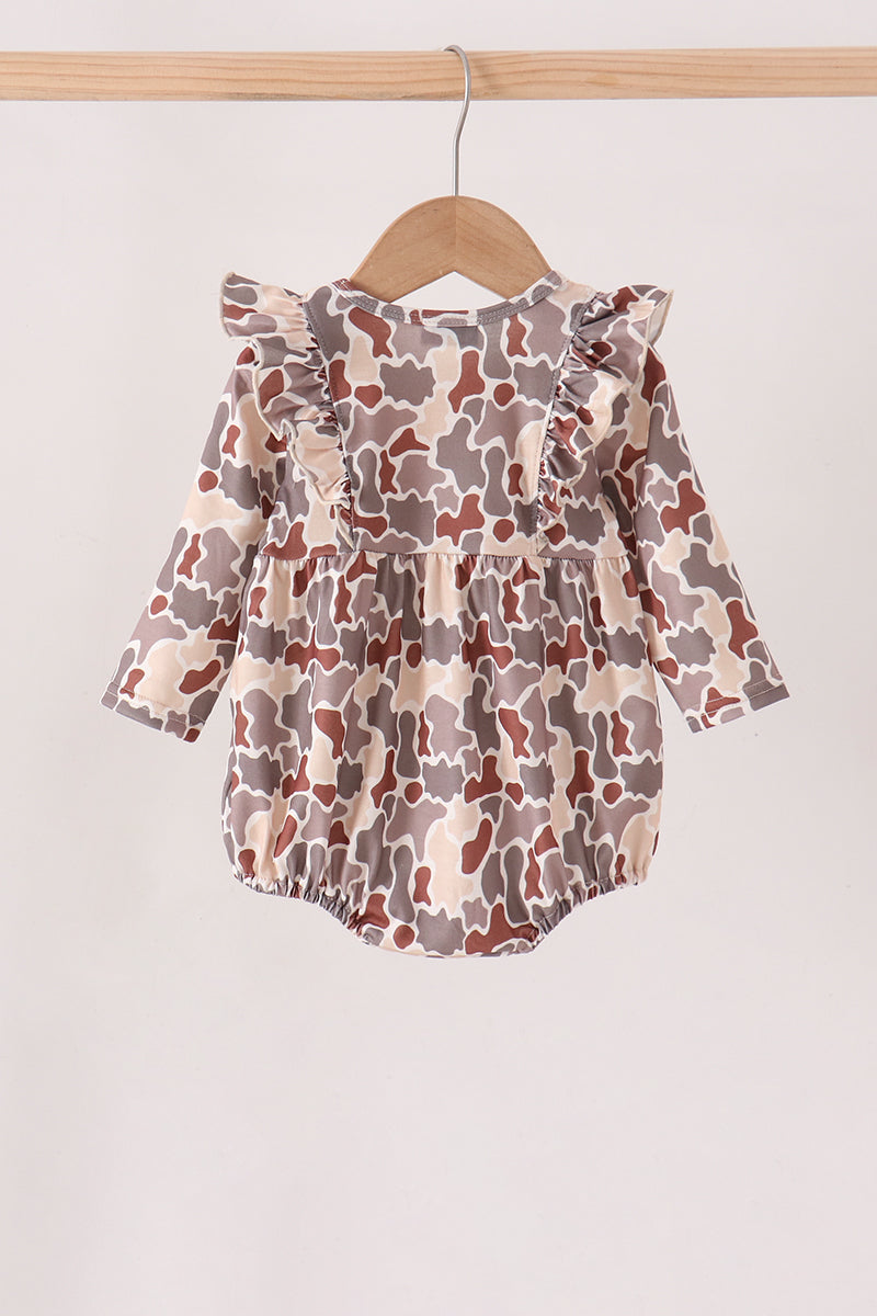 Khaki Camouflage Cross Deer Embroidery Ruffle Bubble