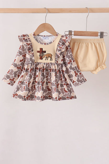 Khaki Camouflage Cross Deer Embroidery Ruffle Bloomer Set