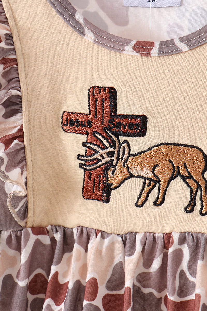 Khaki Camouflage Cross Deer Embroidery Ruffle Bloomer Set