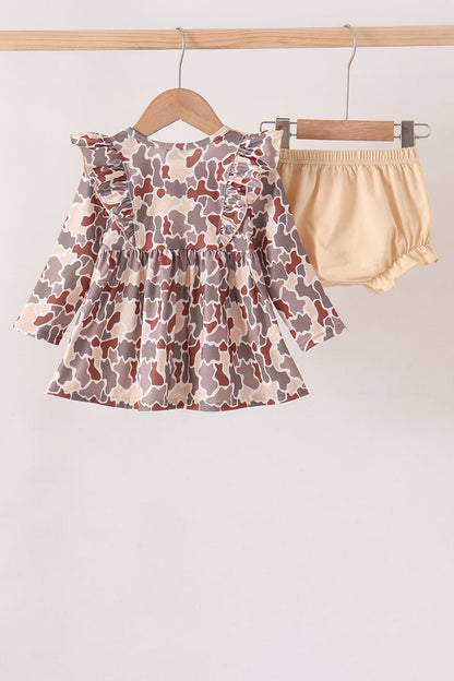 Khaki Camouflage Cross Deer Embroidery Ruffle Bloomer Set