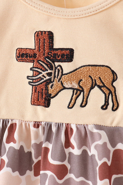 Khaki Camouflage Cross Deer Embroidery Bubble