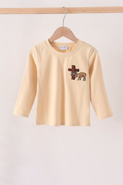 Khaki Cross Deer Embroidery Top