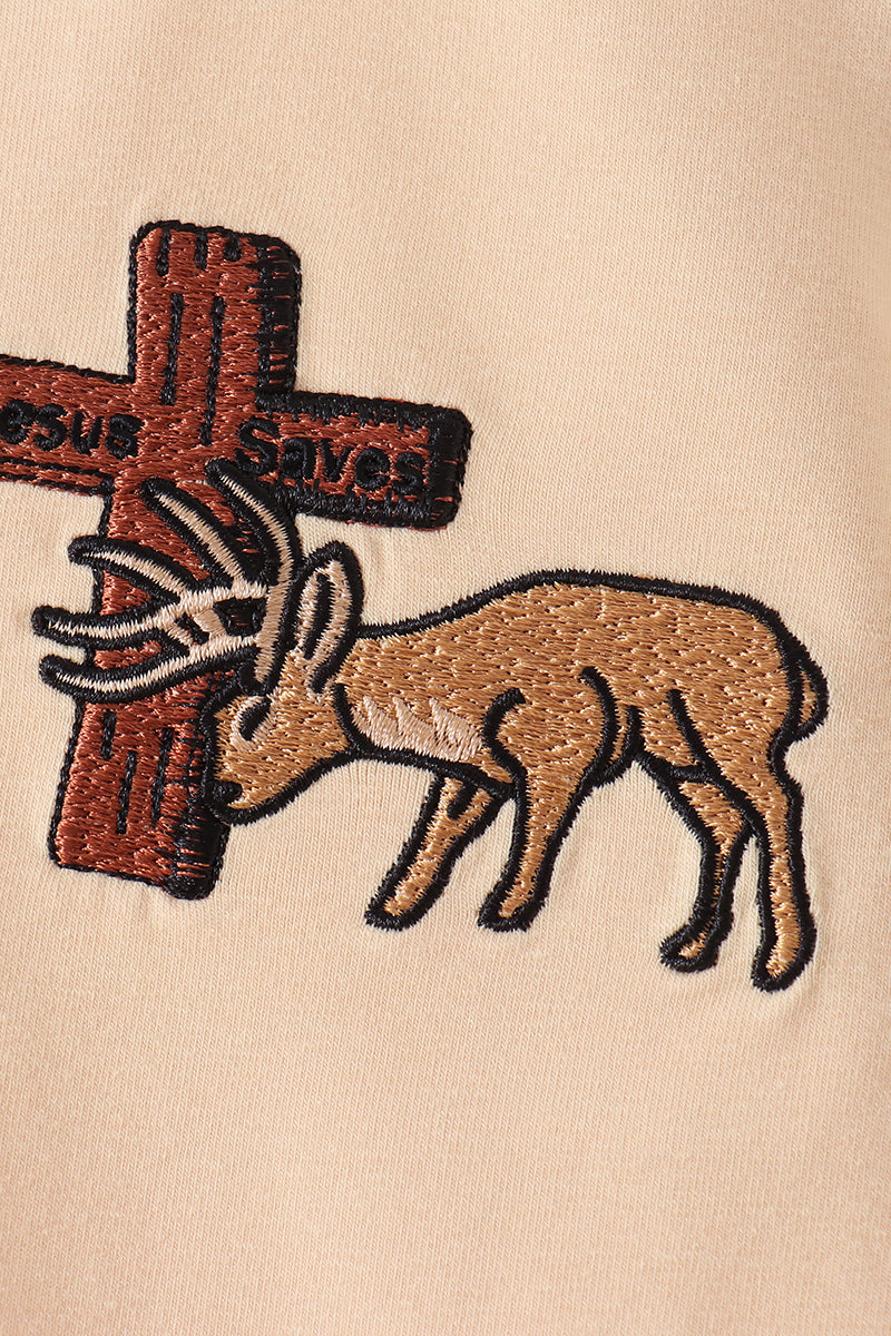 Khaki Cross Deer Embroidery Top