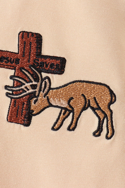 Khaki Cross Deer Embroidery Top