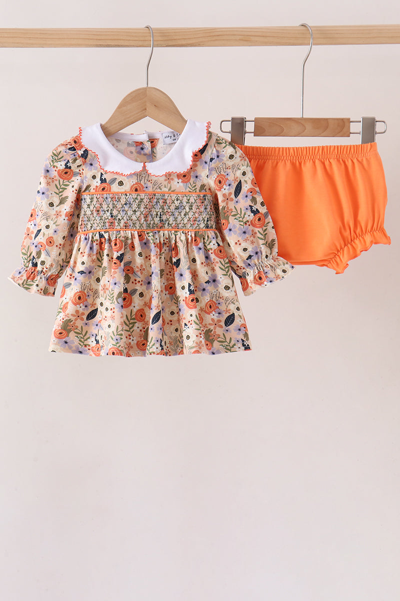 Coral Floral Smocked Bloomer Set