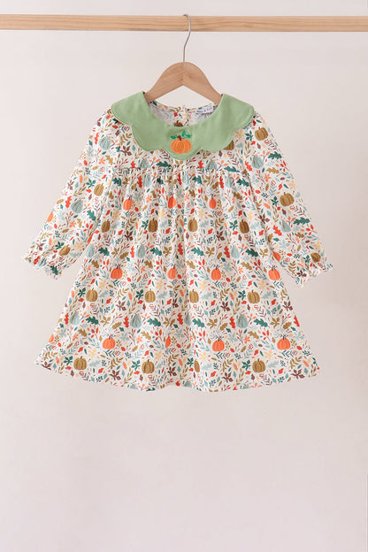 Sage Pumpkin Embroidery Leaves Dress