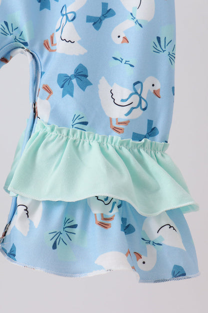 Blue Goose Bow Embroidery Ruffle Romper