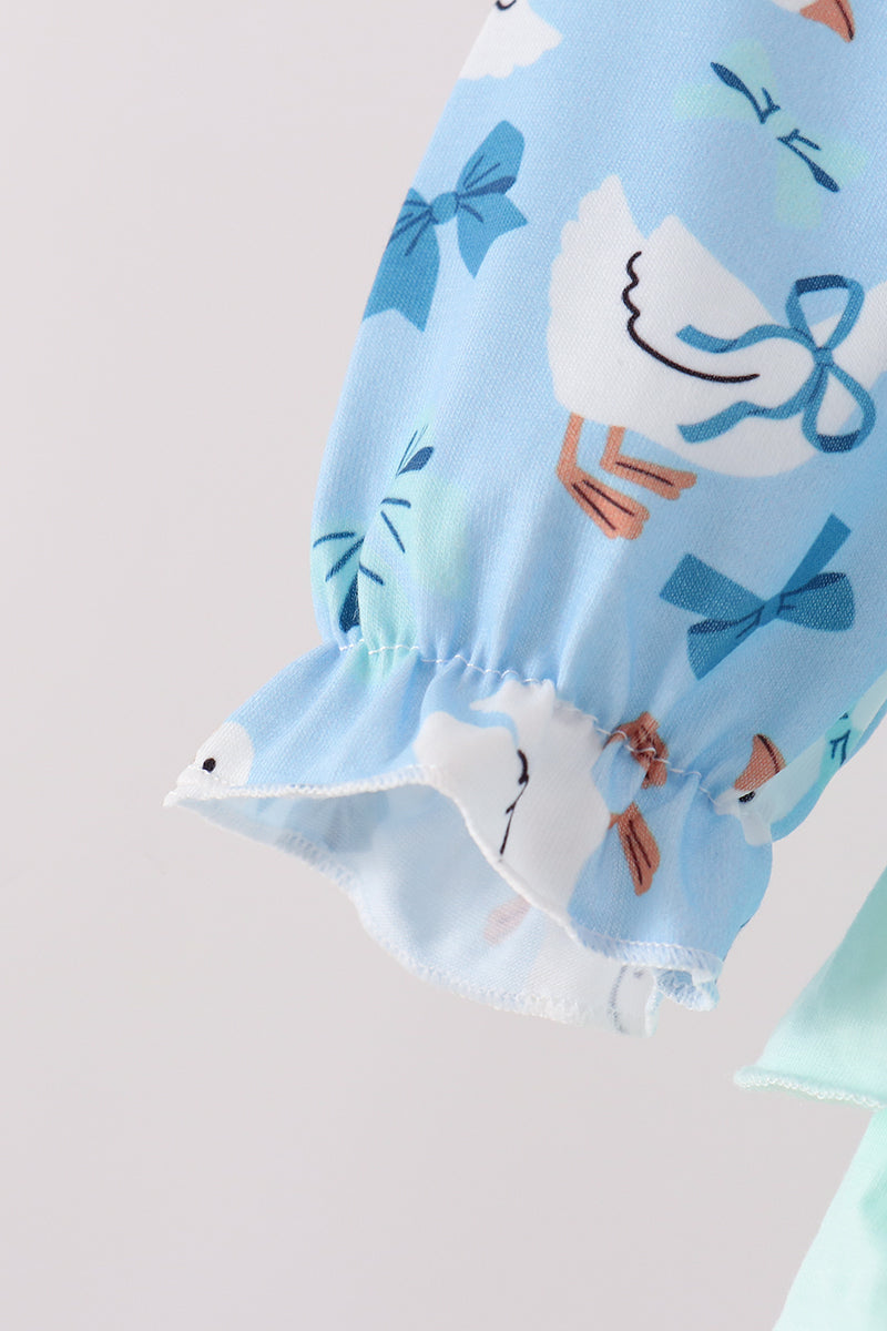 Blue Goose Bow Embroidery Ruffle Bubble