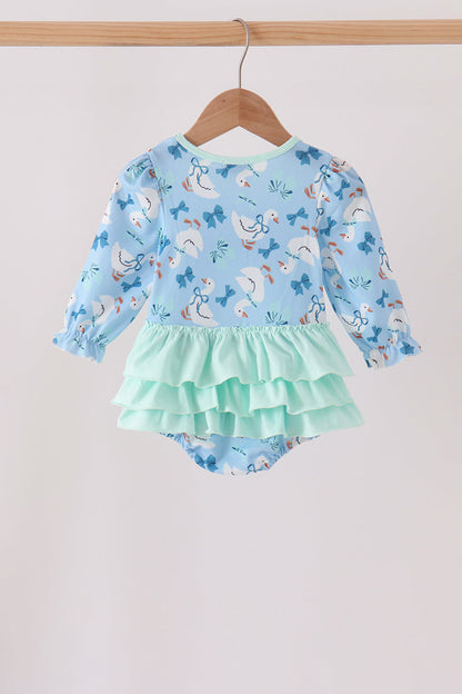 Blue Goose Bow Embroidery Ruffle Bubble