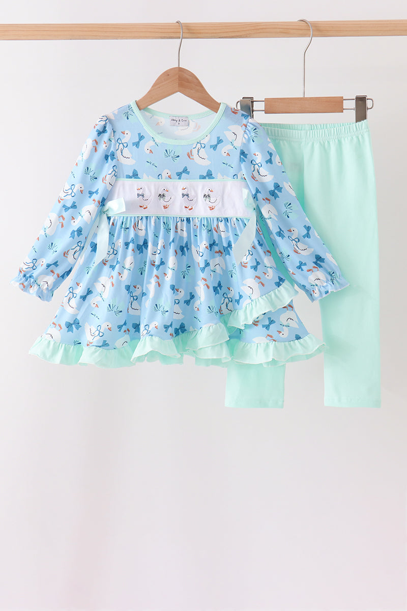 Blue Goose Bow Embroidery Ruffle Set