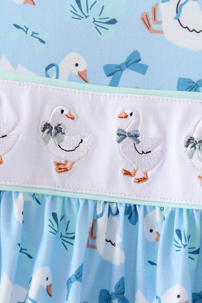 Blue Goose Bow Embroidery Ruffle Set