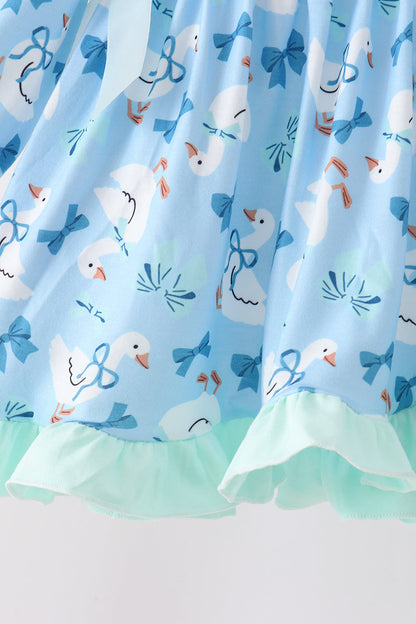 Blue Goose Bow Embroidery Ruffle Set